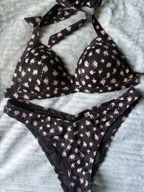 Floral Halter Bikini Set - Black with Pink Rose Print
